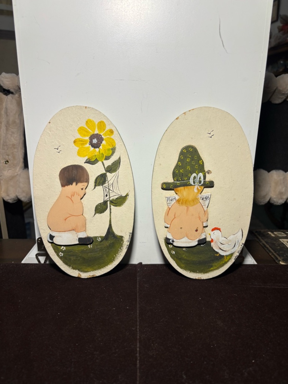 Hand-Painted Pair of Cute Nursery Ovals with Kids and Sunflower